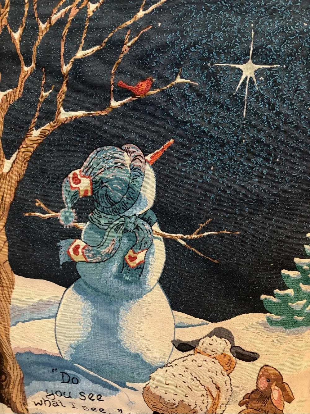 Winter Night Snowman Tapestry Wall Hanging - Dark Blue